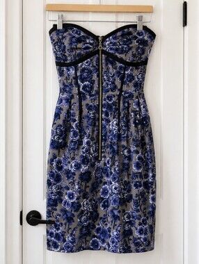Vena Cava 100% Silk Strapless Blue Floral Zip-Front Dress